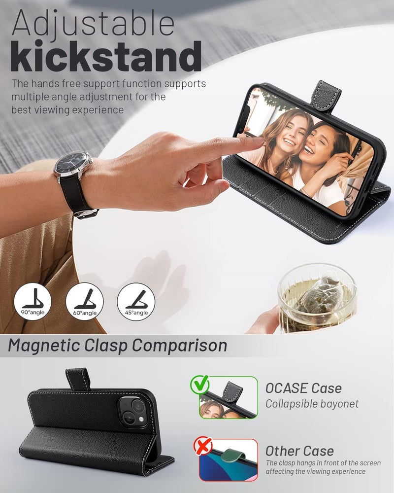 OCASE Compatible with iPhone 13 Wallet Case, PU Leather Flip Folio Case with Card Holders RFID Blocking Kickstand [Shockproof TPU Inner Shell] Phone Cover 6.1 Inch 2021 (Litchi Black) - Image 4